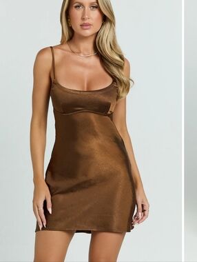 Showpo Mikaila Mini Dress Chocolate Satin Slip Dress Open Back US 12 NWT